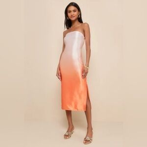 Lulu's Indescribable Poise Peach Ombre Satin Strapless Midi Dress NWT